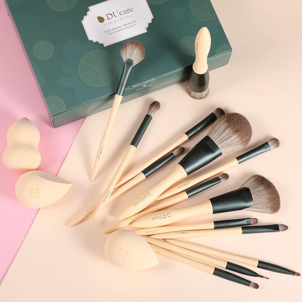 DUcare Makeup Brush Set Brushes and 3 with Storage Premium Taklon and Includes a Carrying Bag and Gift (14 Sponges) Pouch, Fiber, Ultra-Soft Brushes,
