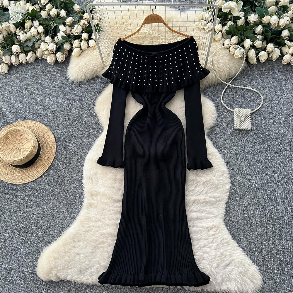 Autumn Winter Women Elegant Slash Neck Off Shoulder Beading Knitted Sweater Long Midi Christmas Party Dresses