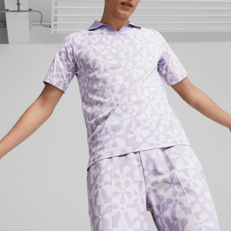Puma Floral Print Casual Short Sleeve Polo Unisex Tops Lavender-Purple 620688-25
