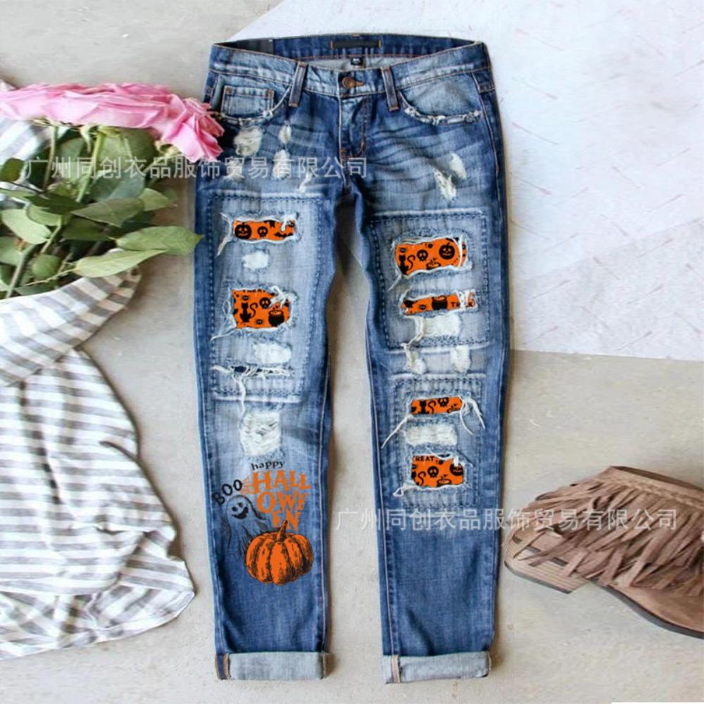 Women's Mid Rise Straight Leg Distressed Halloween Pumpkin Ghost Patch Print Long Denim Pants Summer Street Jeans