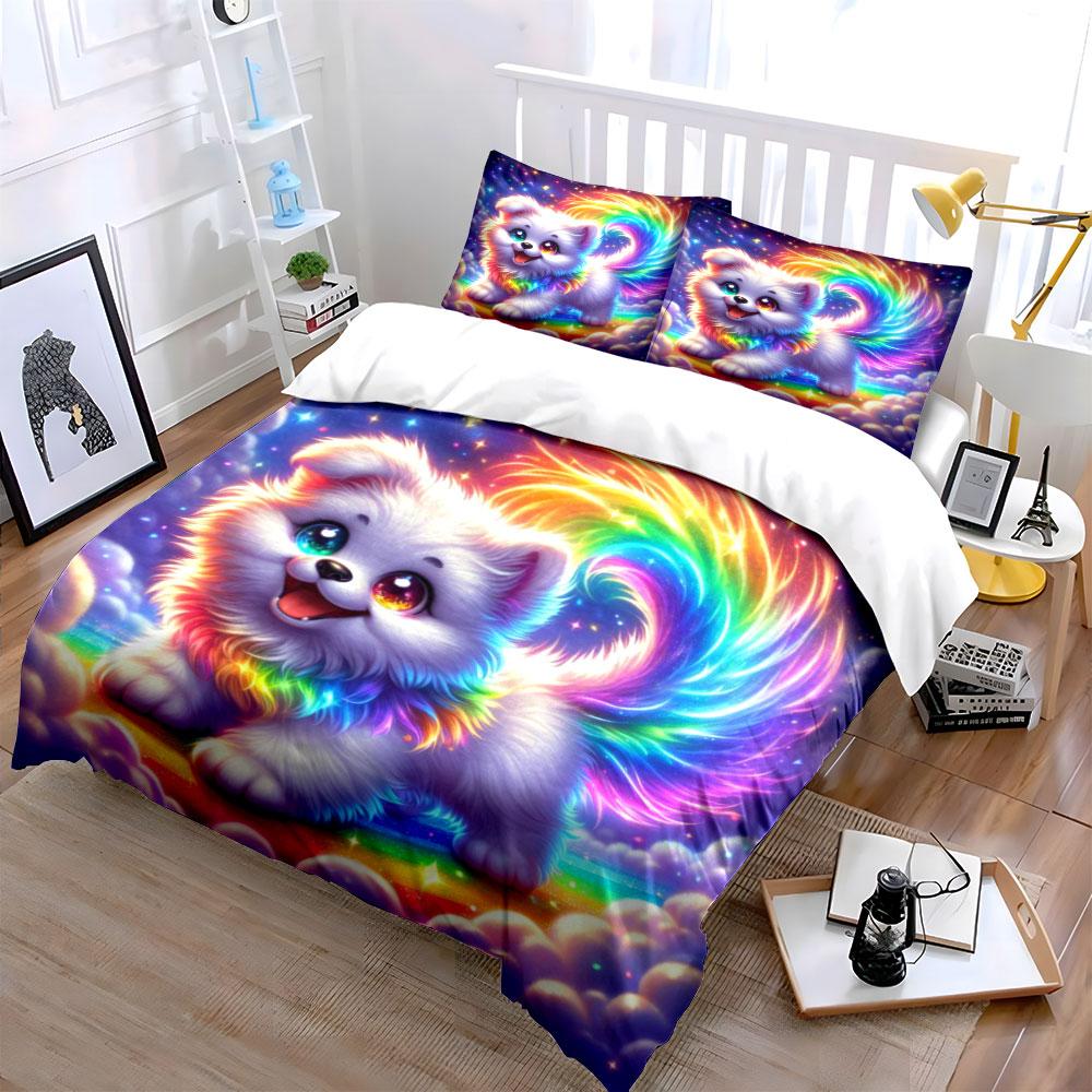 Rainbow Puppy In Sparkling Sky Duvet Cover Set With 3D Printing Design Soft Polyester Bedding Set All-Season Comfort For Gifts