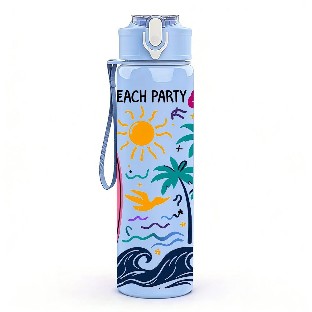 1PC Beach Surfboard Palm Tree 750ml Color Plastic Sports Water Bottle Leakproof Flip Straw Lid Suitable for Sports Office Home Use