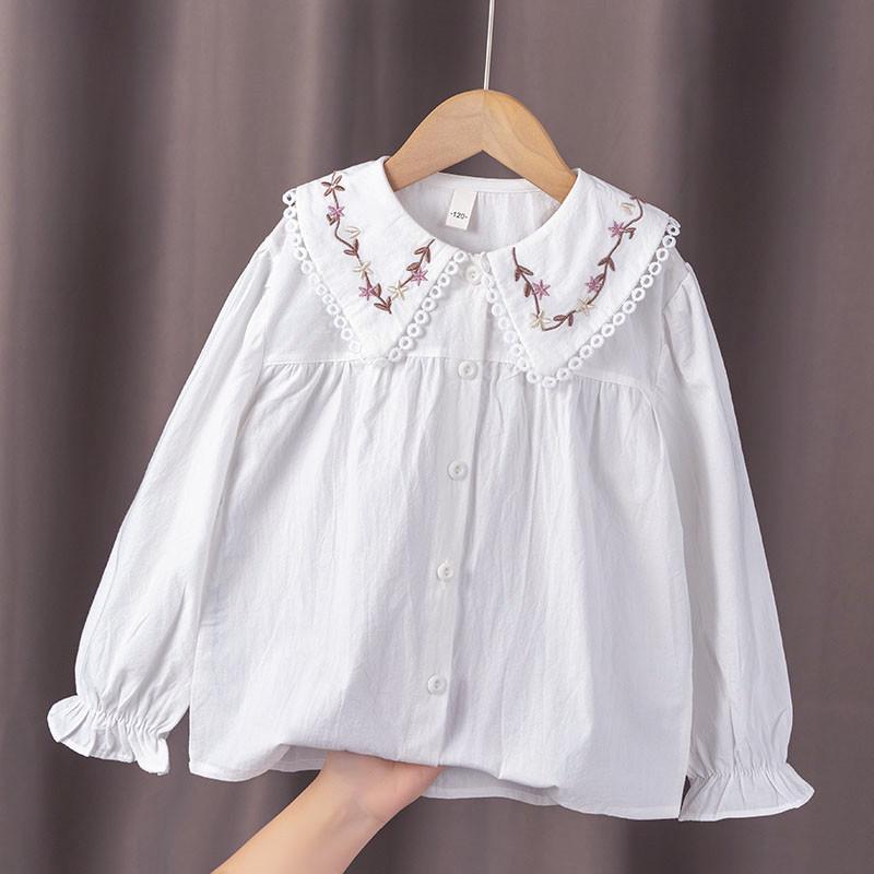 

2024 Spring/Autumn Girls White Cotton Shirt, Turn-Down Collar, Fashionable Student Top 160cm