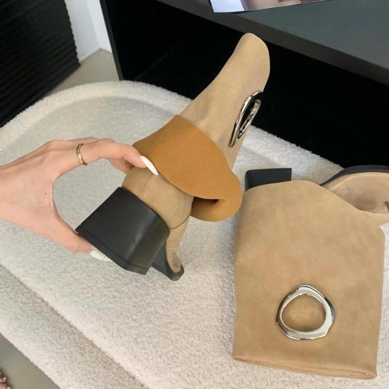 Fashion Fashion Metal Decoration Brand Ankle Boots Women High Quality Satin Clip Toe Modern Boot Retro Square Toe Flip-flops Summer Boot