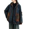 Women's Retro Patchwork Hooded Denim Jacket - Warm Padded Cotton for Winter 2025