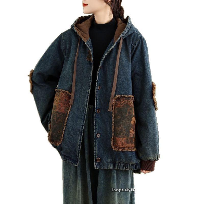 Women's Retro Patchwork Hooded Denim Jacket - Warm Padded Cotton for Winter 2025