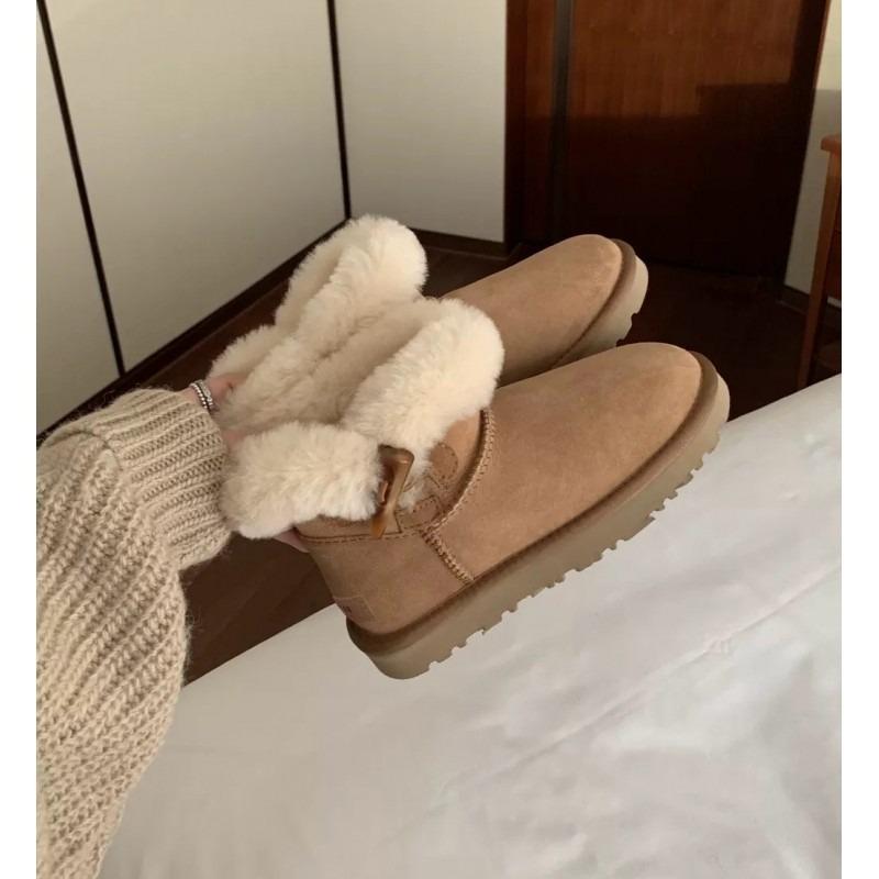 Women's Cow Horn Buckle Fashion Lightweight Soft Sole Winter Warm Fur One Snow Boots Padded Lining Non-slip Casual Sports Cotton Boots