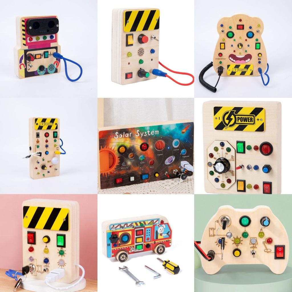 Wooden busy board circuit LED light simulation socket switch unlocking teaching aids life skills cognitive toys