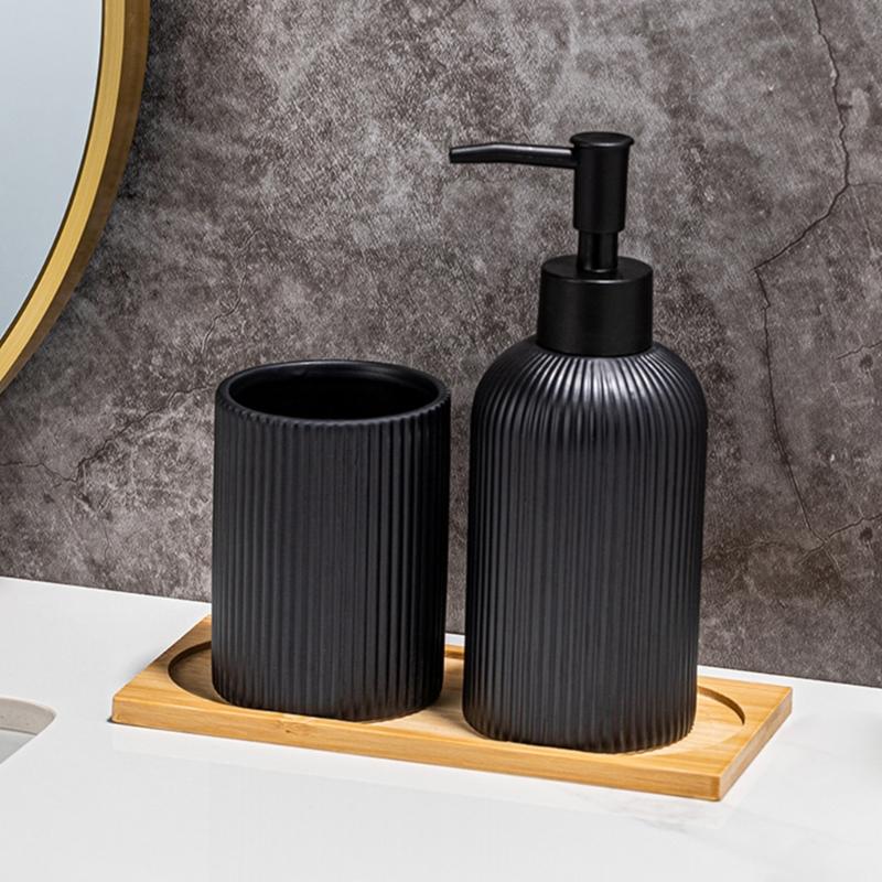 3PCS Ceramic Liquid Soap Dispenser with Storage Wood Tray Toothbrush Cup for Household Bathroom Organizing Essential