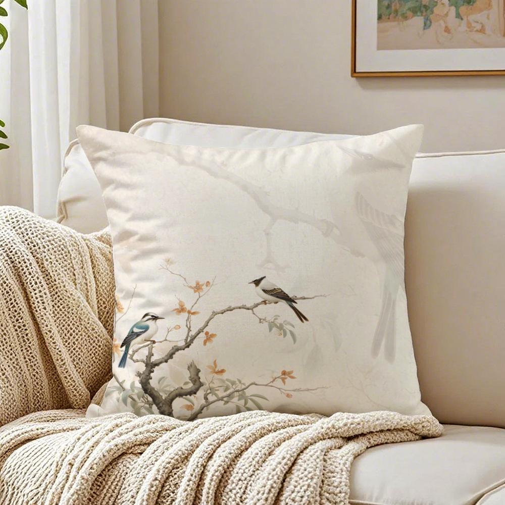 C-Chinese Style Simple Bird Flowers Cushion Cover Pillowcase Anti-Dustmite Living Room Sofa Decor Cushion Room