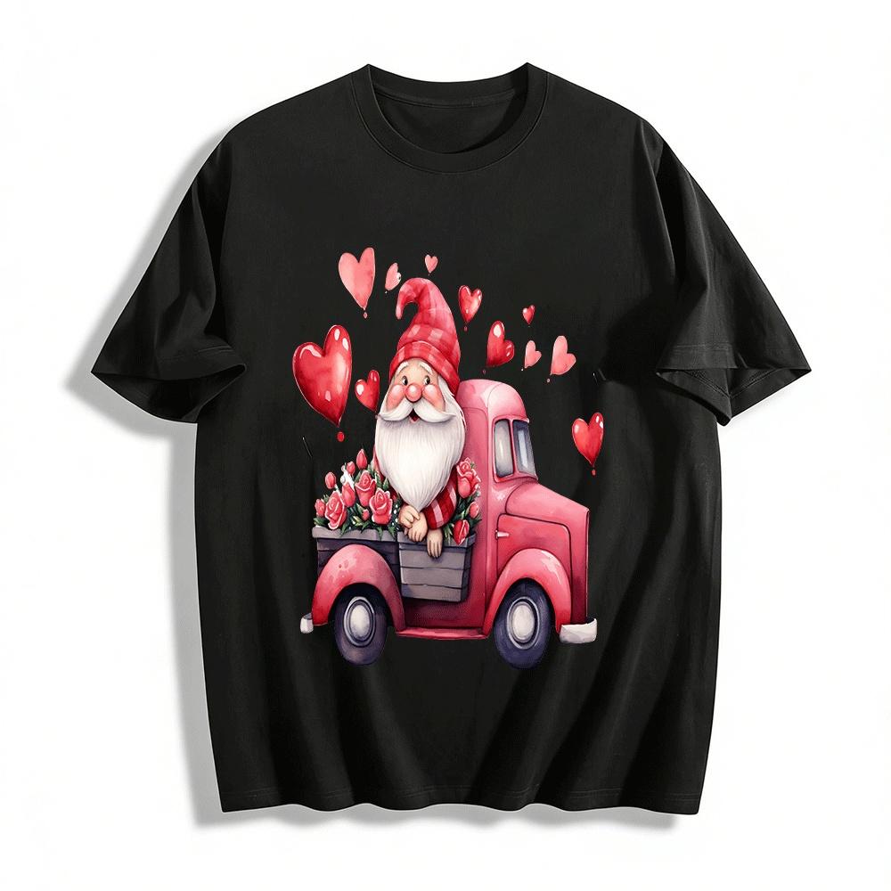 

Valentine s Day Gnome Vintage Truck Rose Heart Print Casual Top Pure cotton T-shirt XXS