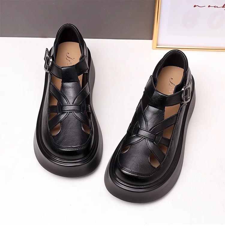 Fashion Versatile Hollow Soft Sole Soft Leather Sandals Women's Summer New Retro Soft Sole with Skirt Sandals