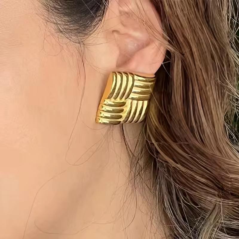 18K Gold Plated, Bold Geometric Square Statement Studs – Modern Retro Jewelry for Parties, Fashion Events  Style Random Shipping