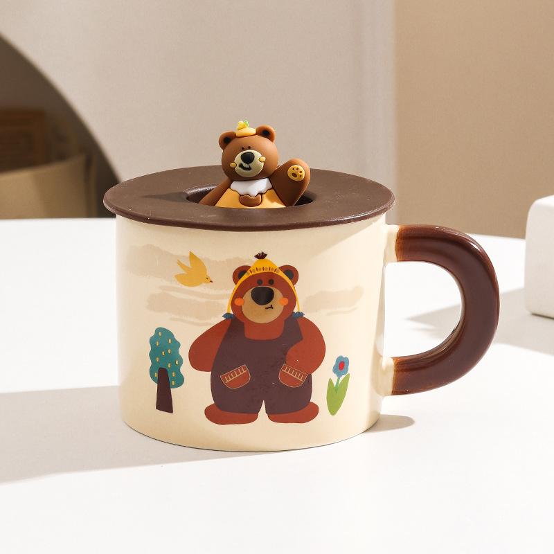 Fufu Cartoon Mug Cute Bear with Cover Couple Home Water Cup Ceramic Office Gift Box