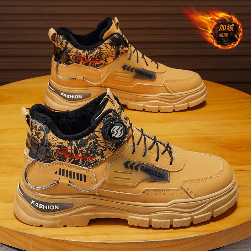Men's Shoes Winter Waterproof, Wear-resistant and Non-slip Thick-soled Casual Thickened Velvet Shoes Rotating Button Martin Boots