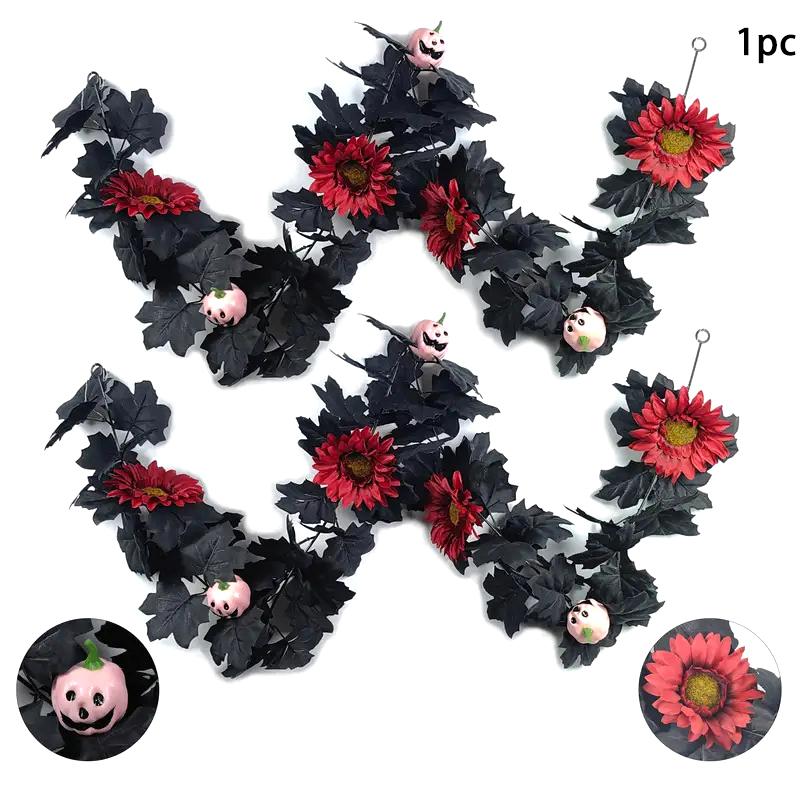 1 Halloween Wreath - 5.74ft Gothic Maple Leaves And Pumpkin Vines With Spooky Decorations To Create A Spooky Holiday And Firepla