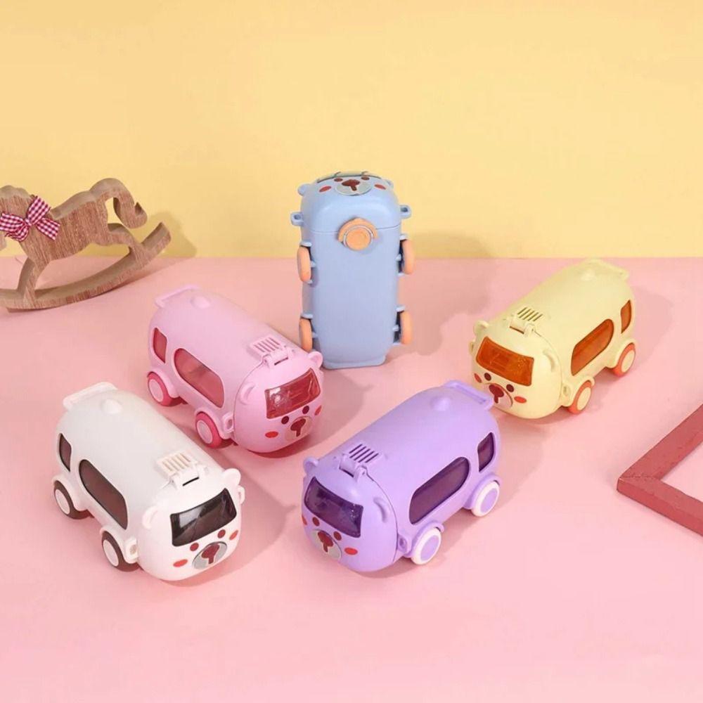Cartoon Bus Straw Cup Leak-Proof Large Capacity Bus Plastic Water Bottle with Shoulder Strap 500ml Kids Drinking Cup