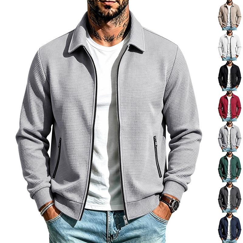 Men S Casual Waffle Knit Zip Pocket Lapel Jacket