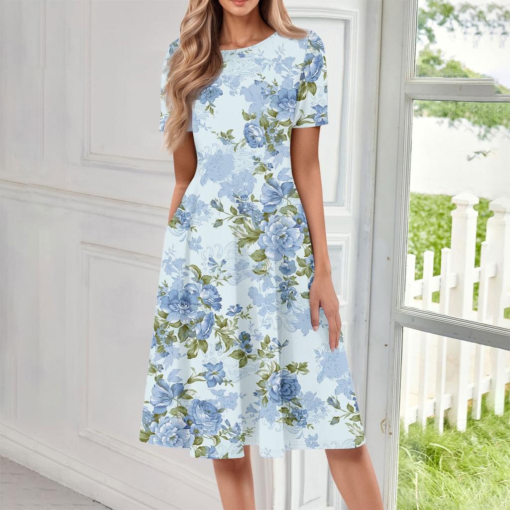 Women's Casual Fashion Round Neck Short Sleeve Floral Print Midi Dress