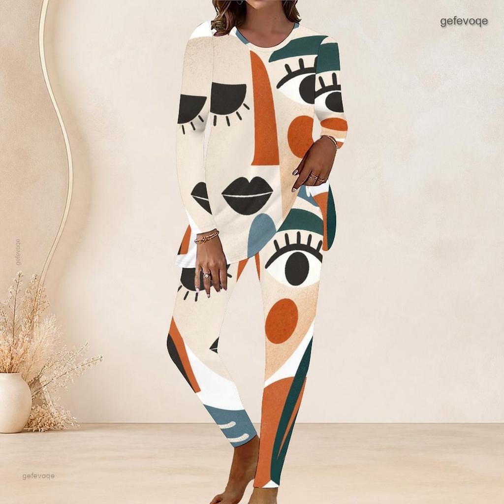 Women Plus Size Navy Blue Gold White Printed Round Neck Long Sleeve Longline Top Fitted Pants Two Piece Set
