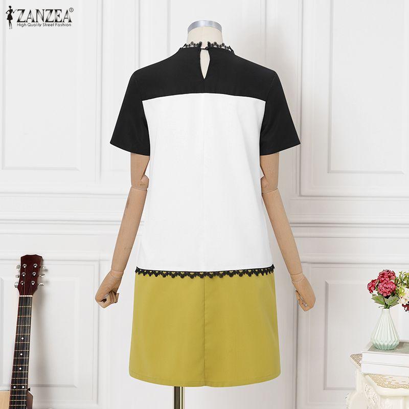 ZANZEA Women Casual Round Neck Short Sleeve Summer Patchwork Dress