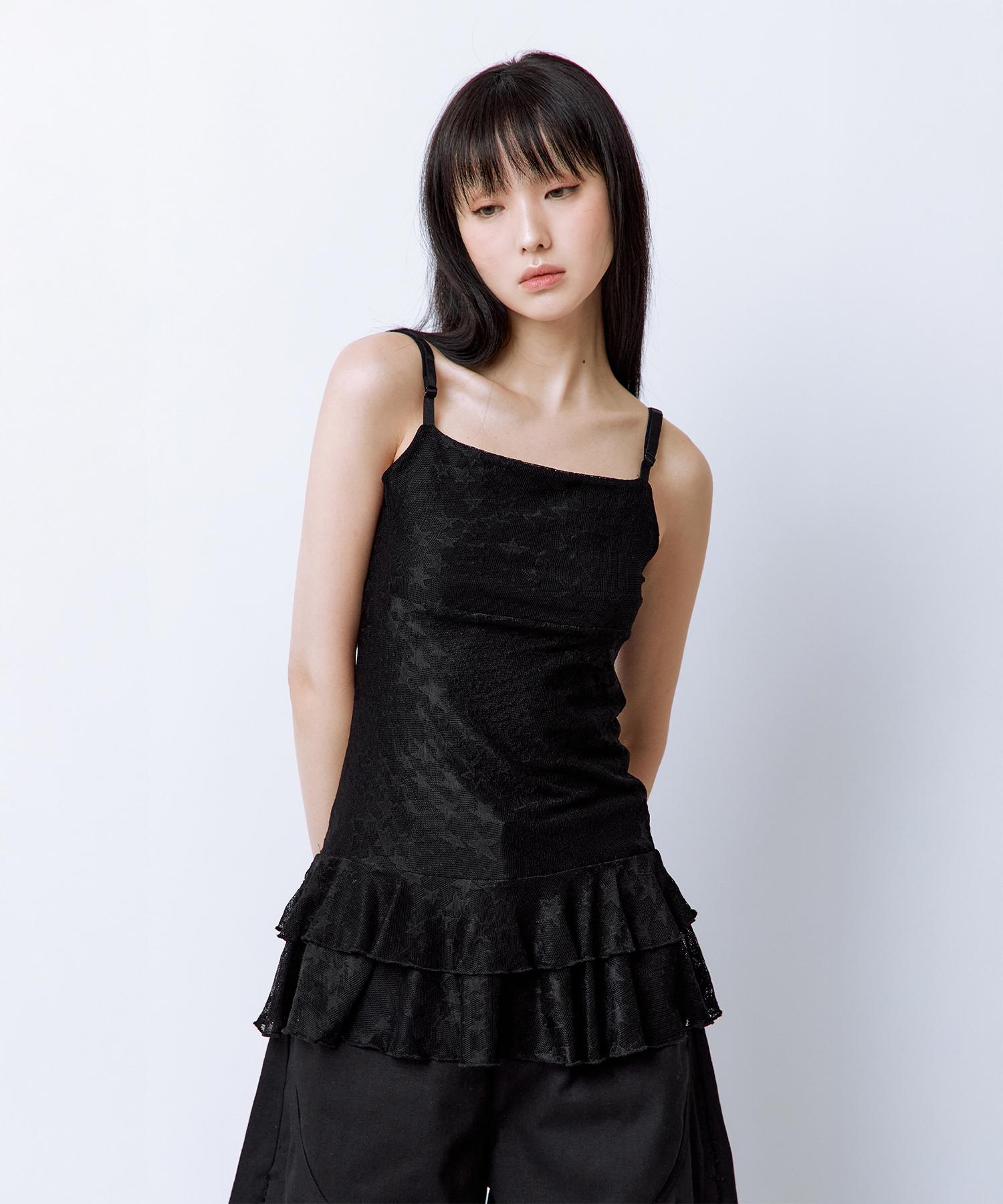 Rough Neck Star Pattern Mesh Layered Dress Black Black/S
