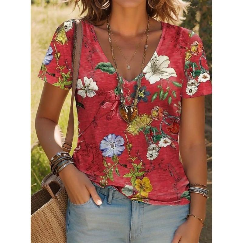 Summer T-shirt Fashion Elegant Temperament 3D Retro Print V-neck Short Sleeved Women s T-shirt Casual Top S