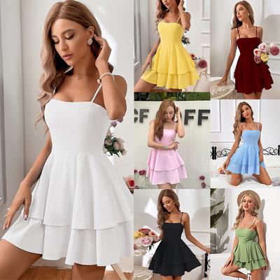 Women's Cut Out Back Dress with Bow Straps Tiered Ruffle Mini Skirt Sexy Summer Party Dress