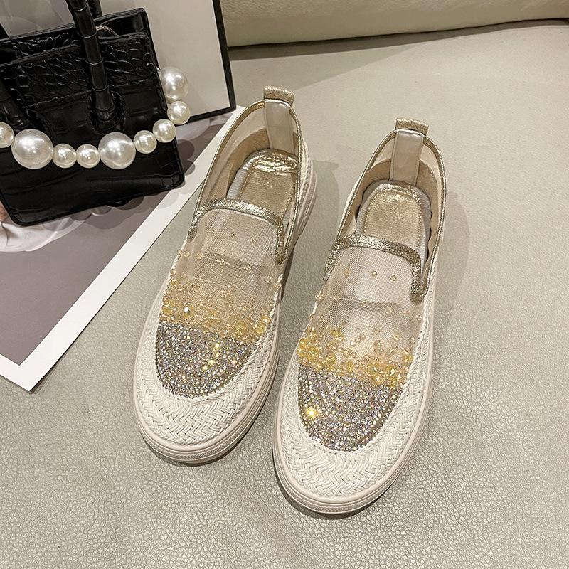Loafers Women's 2025 New Summer Versatile Mesh One-pedal Soft-soled Rhinestone Flats Single Shoes