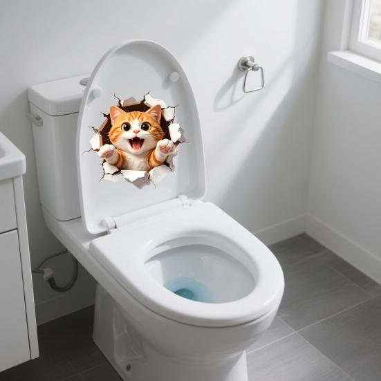 Adhesive Toilet Sticker Waterproof 3D Orange Cat Wall Decal No Glue Residue Decorative Sticker