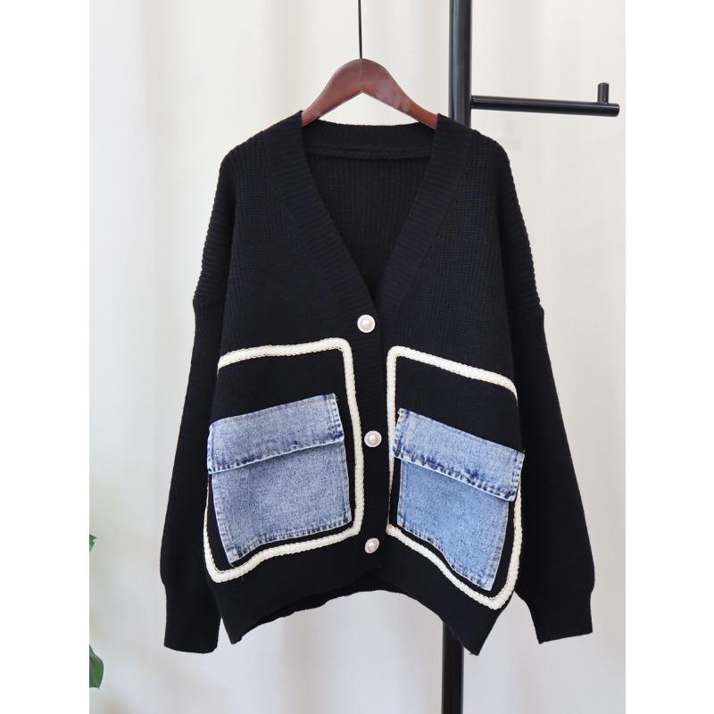 Autumn and winter new denim pocket knitted cardigan loose design temperament versatile sweater jacket women