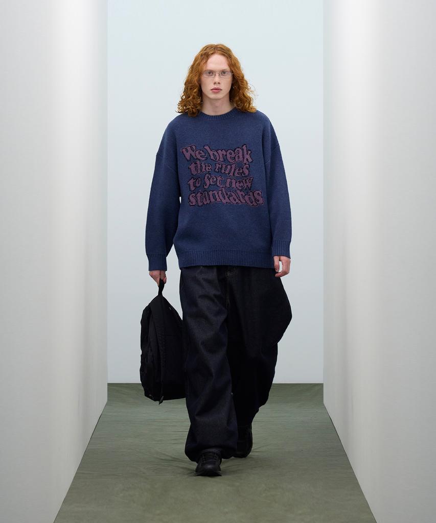 STANDARDERROR 87-Stan191 Art Lettering Oversized Jacquard Knit Navy