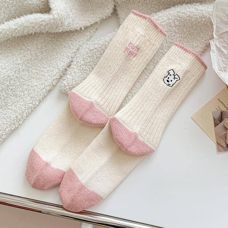 Embroidery Cartoon Socks Stacking Socks Season Fleece Thickened Warm Wool Socks Ab Cute Medium Tube Socks Women