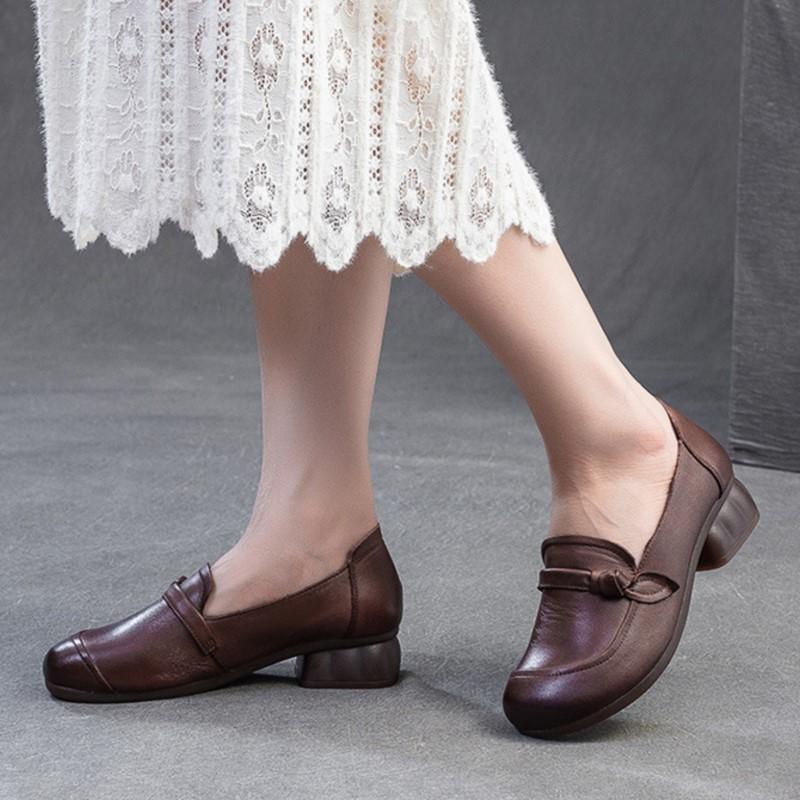 Johnature Pantofi cu toc Retro Decupați Piele Naturală Navetă Confortabili Versatili Pantofi cu Toc pentru Femei