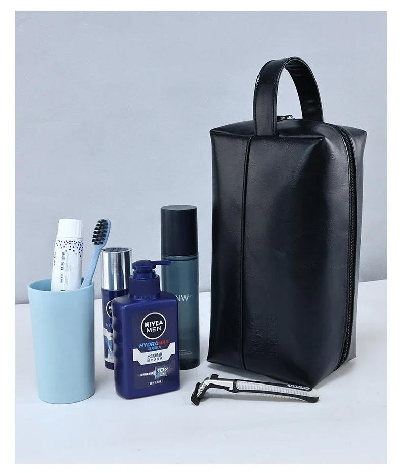 Mens Business Travel Bag Zipper Makeup Bags PU Leather Travel Toiletry Bag Cosmetics Organizer Storage Pouch Large Capacity