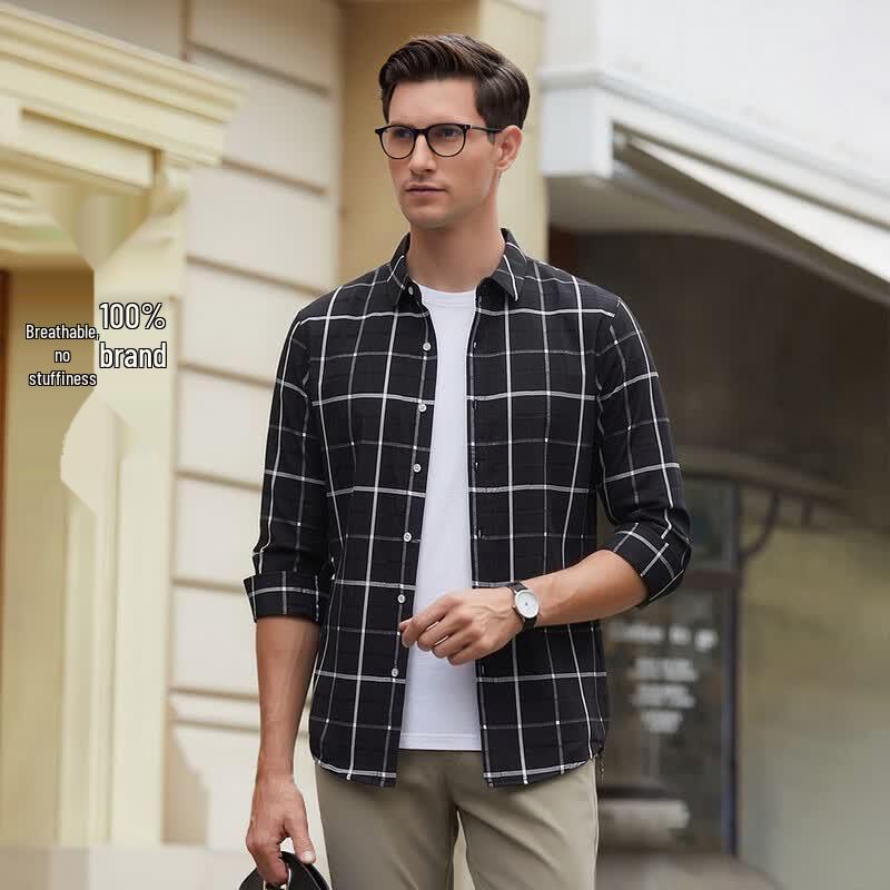POLOMEISDO Men s Pure Cotton Plaid Long-Sleeve Shirt 165/84A чёрный