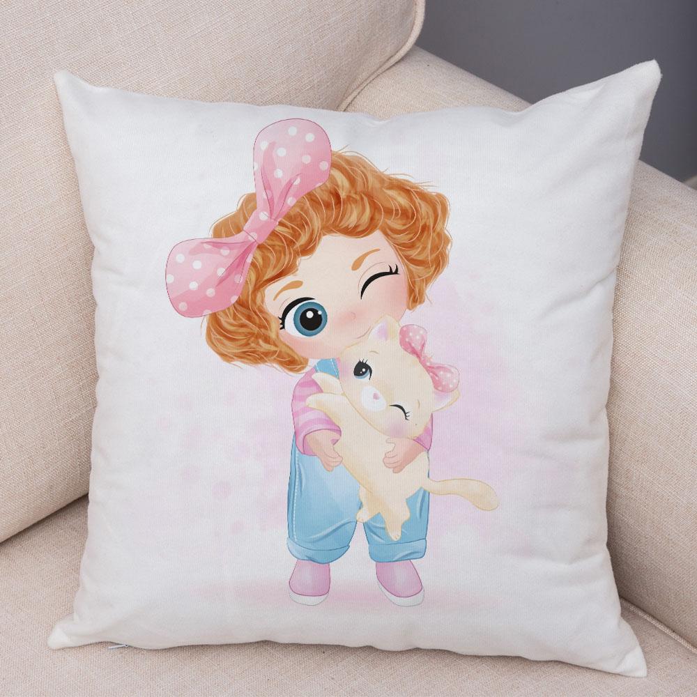 Lovely Girl and Cat Pillowcase Decor Cute Cartoon Child Cushion Cover Pillow Case for Children Room Sofa Home Car 45x45cm