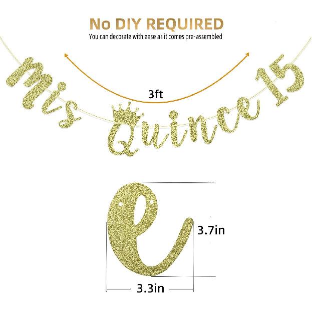 Mis Quince 15 Banner, My 15th Birthday Party Decorations, Quinceanera Decor, Feliz Cumpleanos Banner (Gold Glitter)