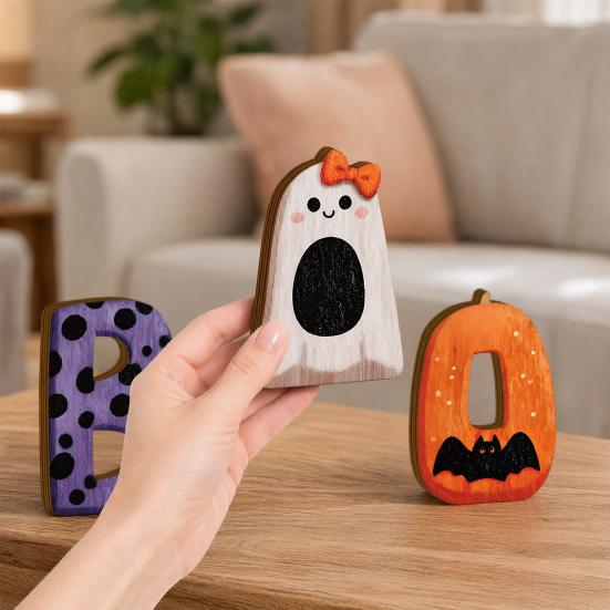 3Pcs/Set Wooden Halloween Statues, Letter Bat Pumpkin Ghost with Bowknot Deisgn, Halloween Desktop Ornaments, Holiday Party Decor & Scene Layout