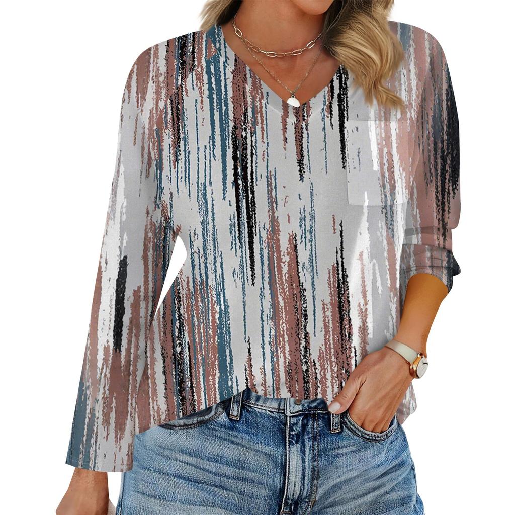 Women's Raglan Long Sleeve V-Neck T-Shirt Splicing Solid Color Casual Top Pullover V-Neck Pocket Bottoming Shirt