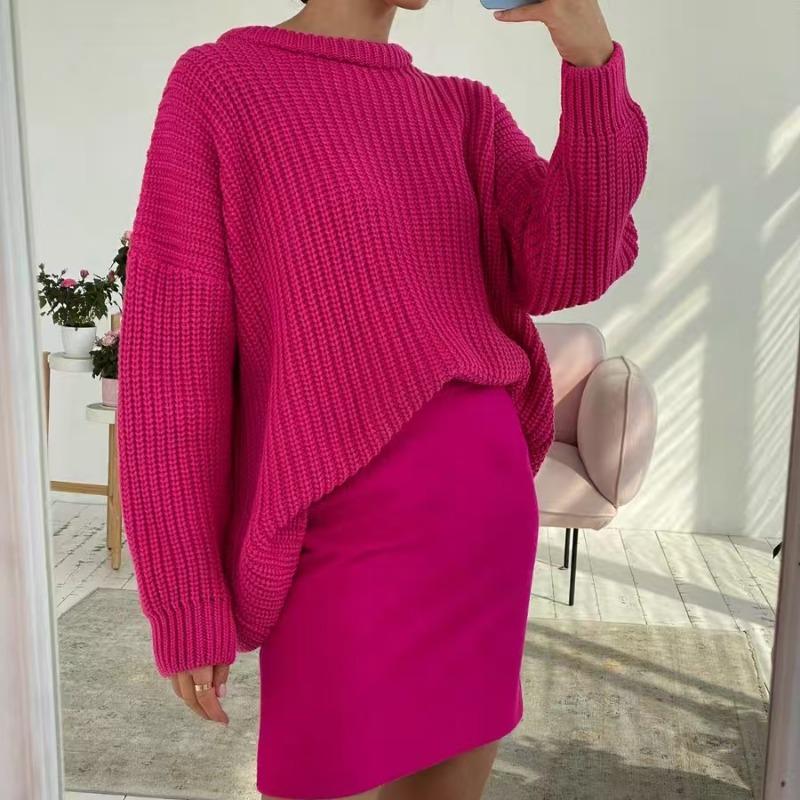 

Осенний свободный повседневный вязаный свитер для женщин, модный новый длинный рукав, круглый вырез, зимние свитера для женщин, элегантные однотонные теплые вязаные джемперы 25722 One Size розы красного