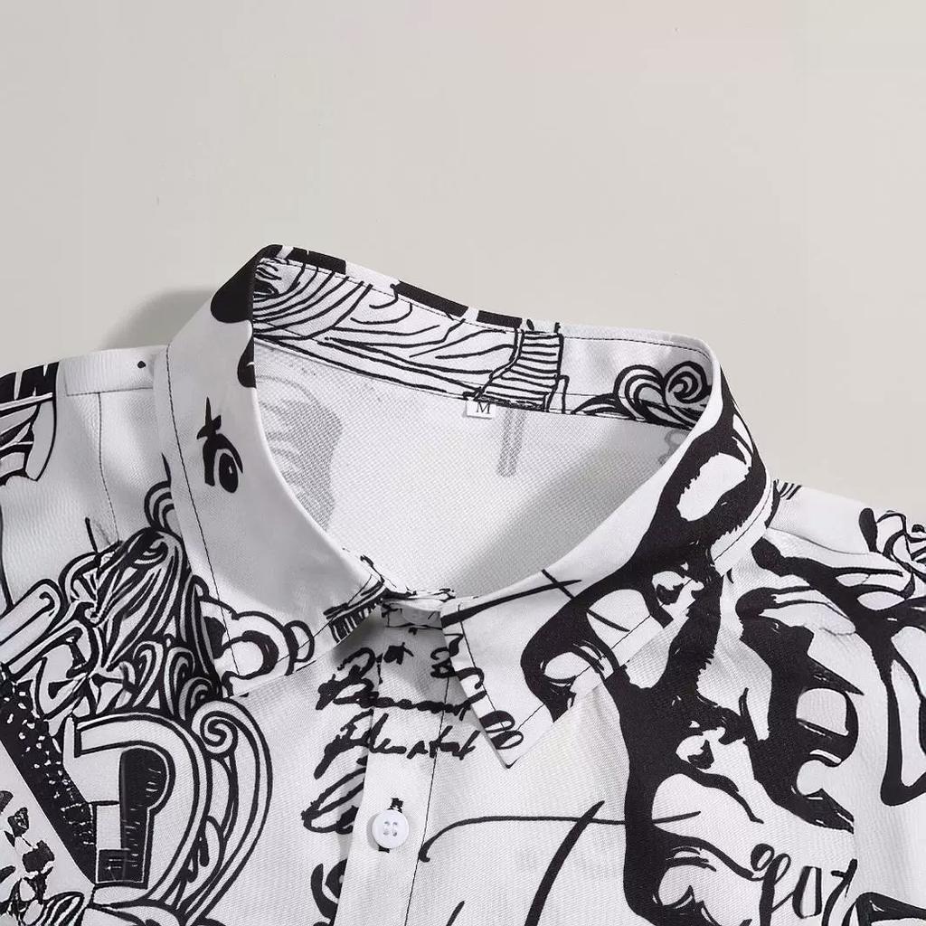 Men Summer Short Sleeved Shirts with Lettering Ink Graffiti Printing Digital Printing Shirt