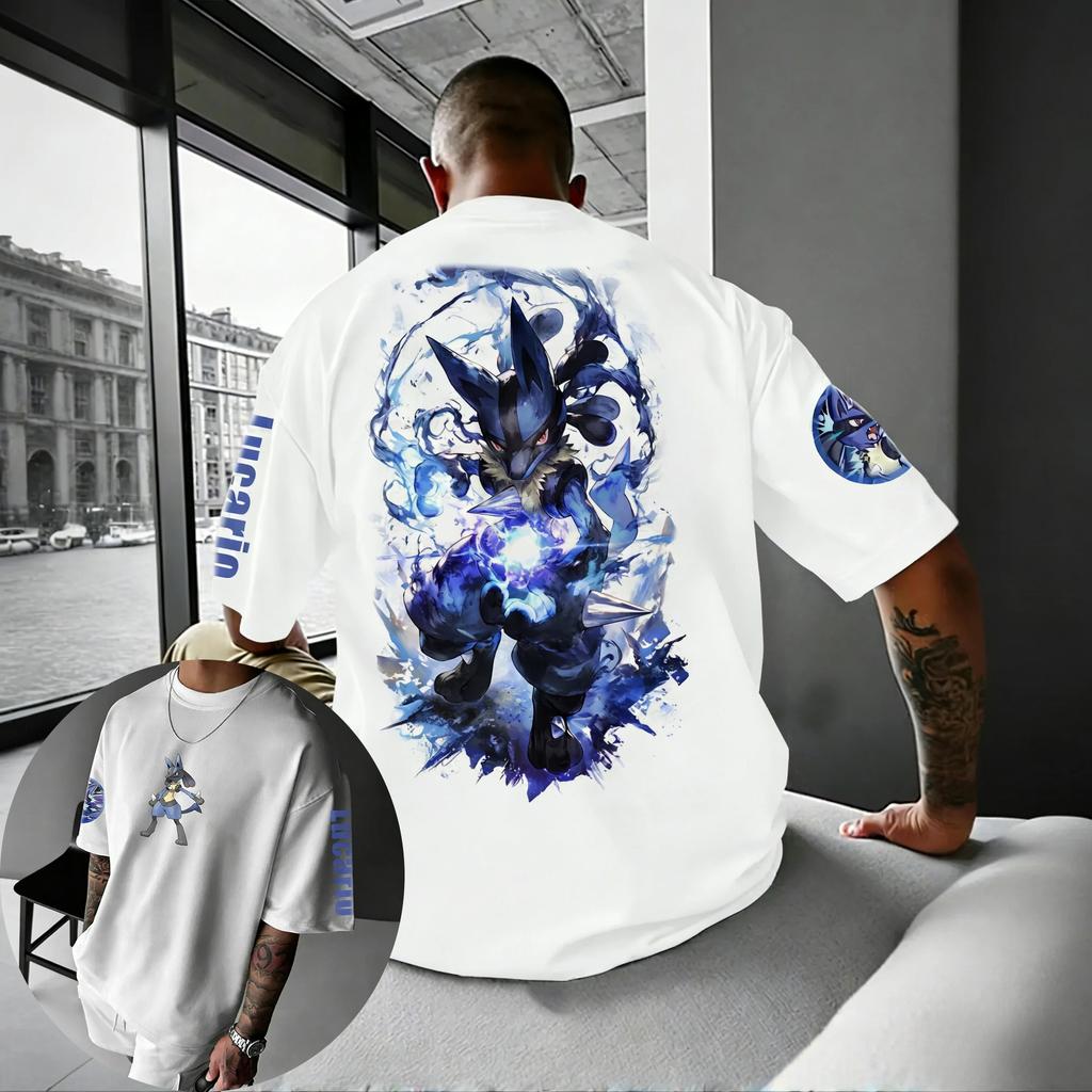 Ruční herní tričko z bavlny s potiskem Lucario 2026 Pánské letní Nový Hip-hop Trend Ležérní Volné Y2K Rodič-dítě Top