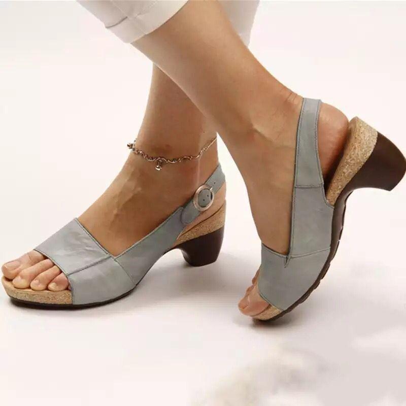 Damen Leder Peep-Toe Sandalen Mittlerer Absatz Korksohle Komfort Sandalen für den Alltag