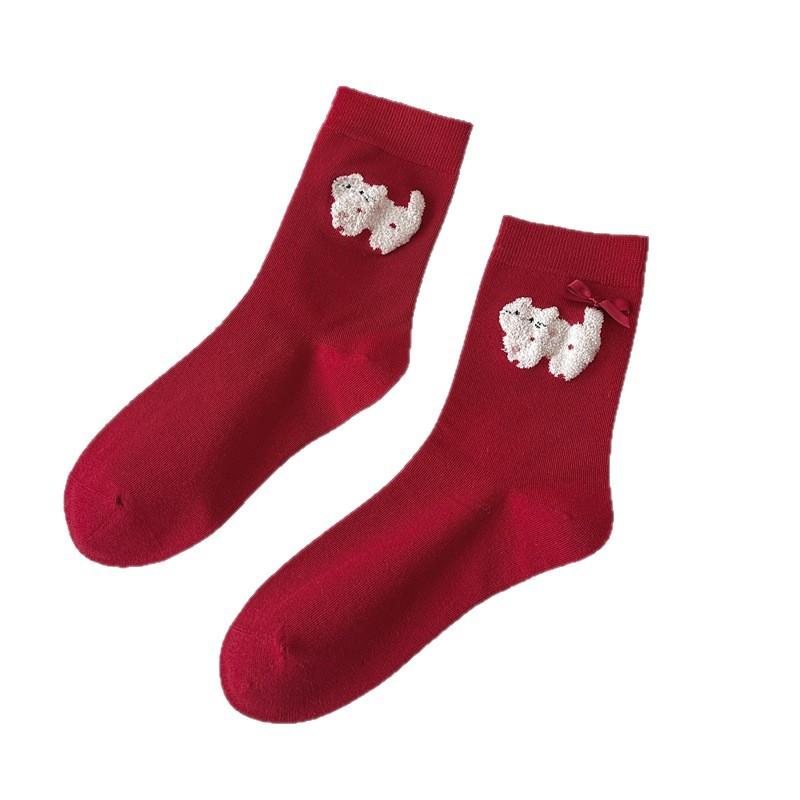 Little Bear Red Cartoon Socks, Women's Autumn and Winter Pure Cotton Mid-calf Socks, Heart-shaped Little Dog Polka Dot Striped Socks