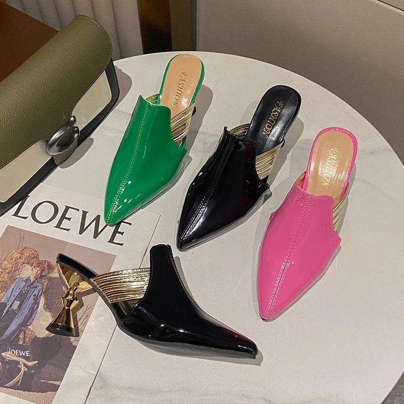 Fashion Summer High Heel Slippers for Women Elegant Pointed Toe Mules Woman Strange Heel  Wedding Party Shoes Big Size Slippers