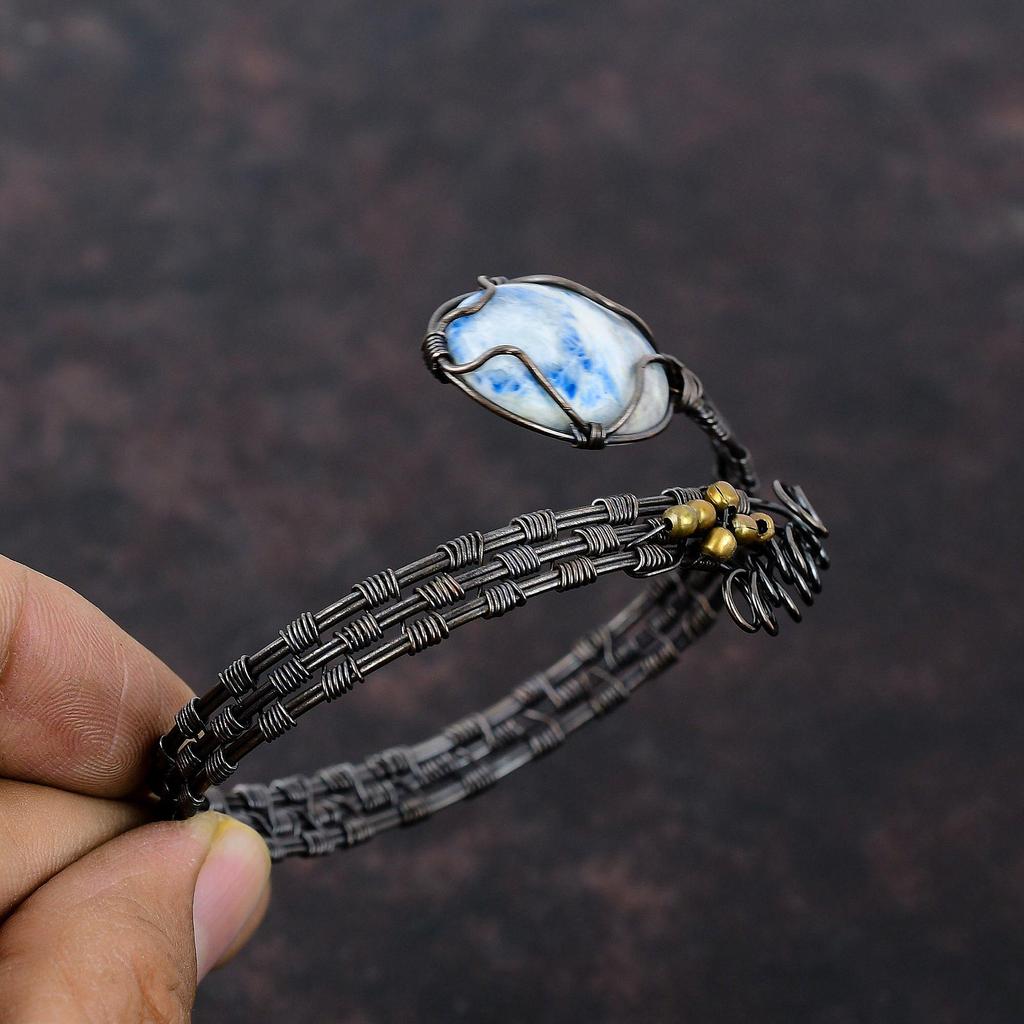 Blue Scheelite Bangle Copper Wire Wrapped Cuff Bracelet Gemstone Bangle Copper Wire Wrapped Jewelry Handmade Adjustable Bangle Gift For Wife