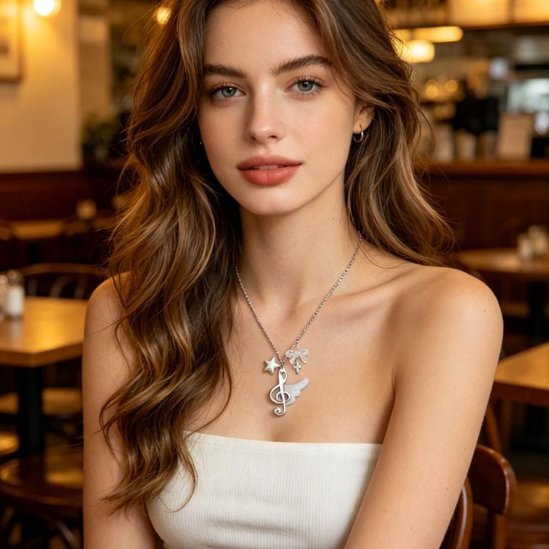 Vintage Angel Wing Music Note Necklace For Girls Sweet And Romance Design Lightweight Alloy Clavicle Chain Jewelry