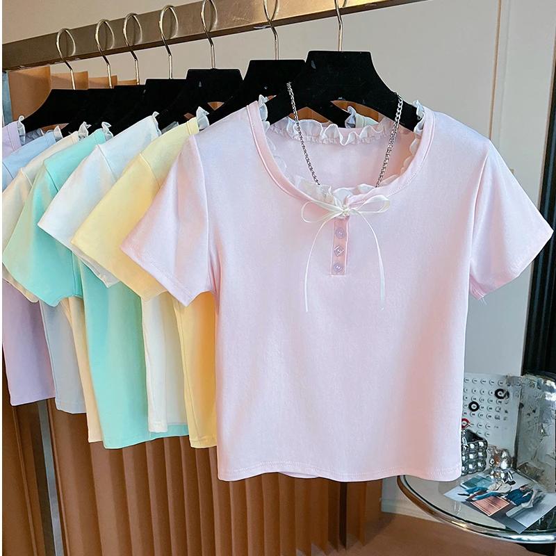 Női nyári rövid ujjú pólók koreai tiszta pamut egyszínű póló O nyakú csipke betétes crop top póló női alkalmi karcsúsított póló