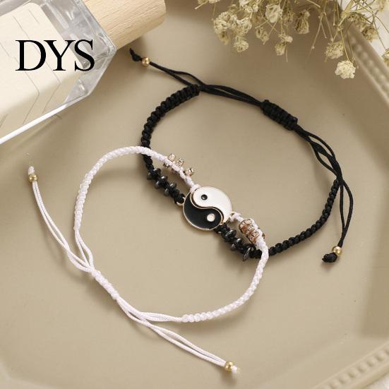 Vintage Bracelets 2Pcs Couple 2 Matching Yin Yang Hand Knitted Unisex Men Women Shiny Rhinestones Adjustable for Valentines Day Tai Chi
